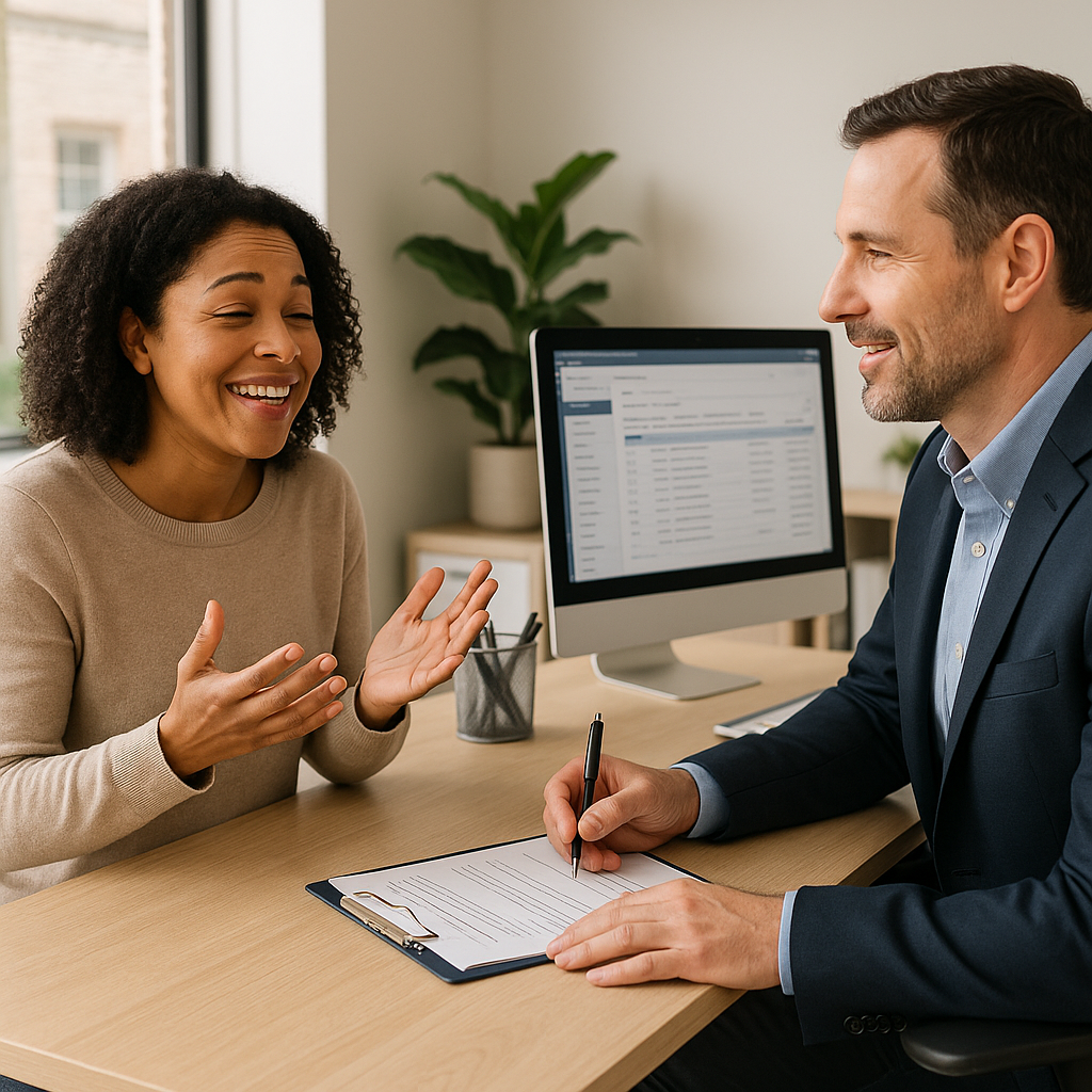 A property manager listens attentively to a relieved tenant during a meeting in a modern Amarillo property management office