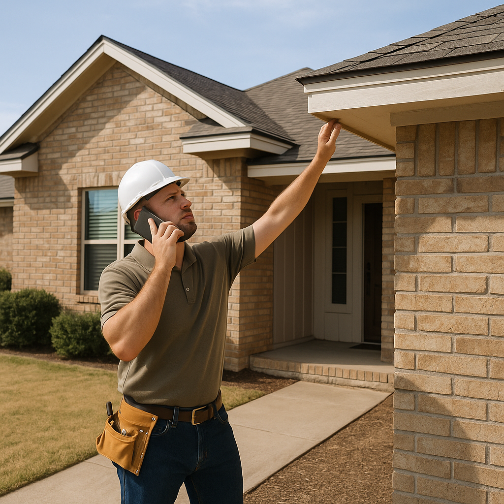 Maintenance technician inspecting ranch-style home roof for hail damage