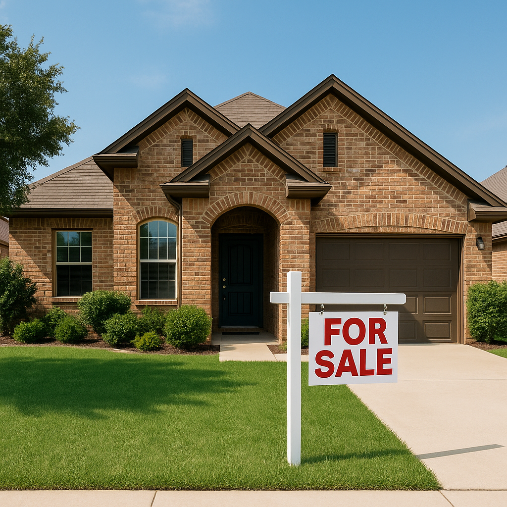 A Texas-style single-family home in Amarillo with a for-sale sign, highlighting curb appeal under bright daylight conditions