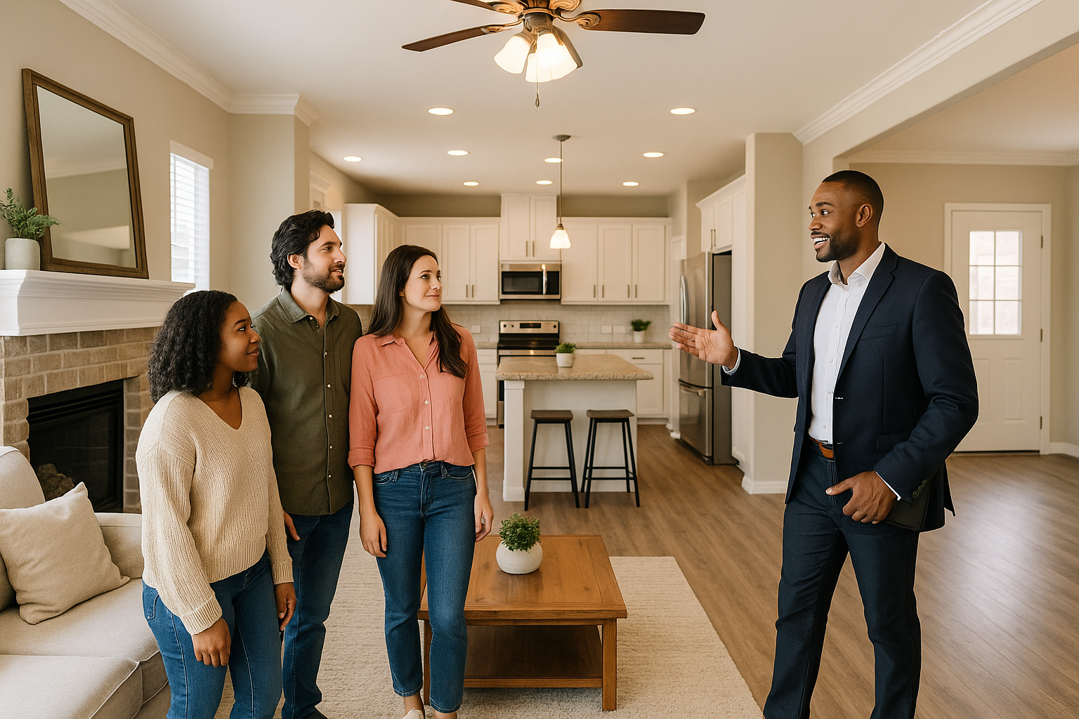 A real estate agent showing a group of prospective buyers inside a cozy Amarillo home. The buyers are attentively touring the living room and kitchen areas, while the agent highlights key features and answers questions.