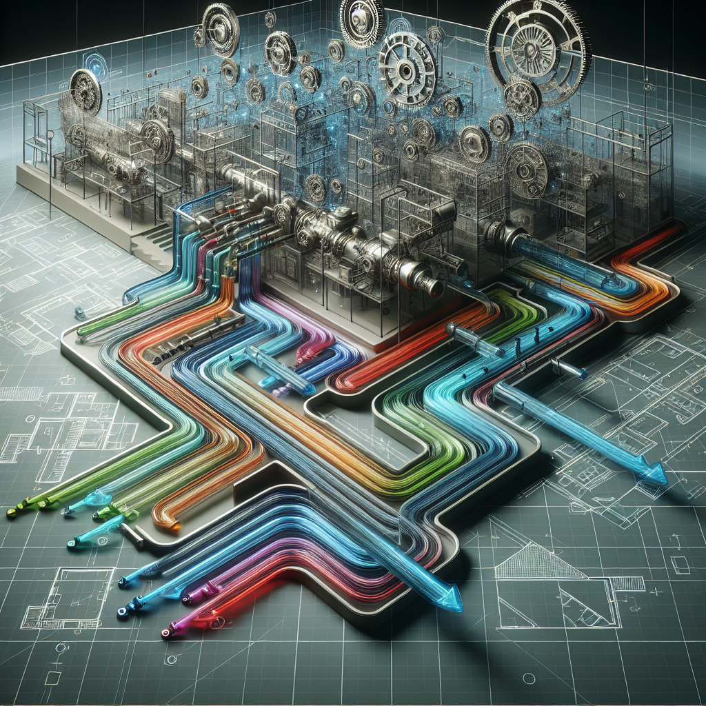 Abstract pipeline system with floor plans and fixture placements overlay