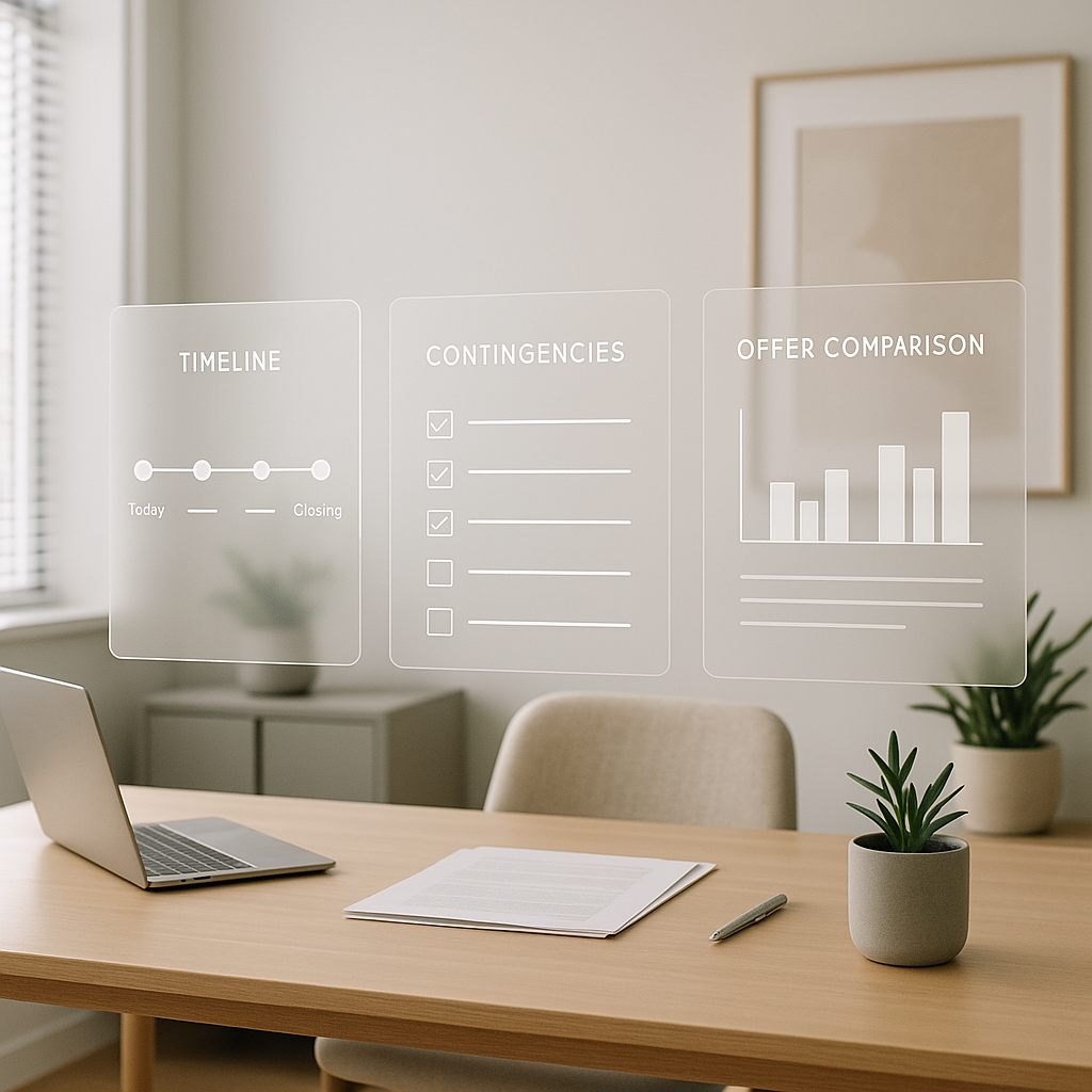 Minimalist office with digital contract timeline screens