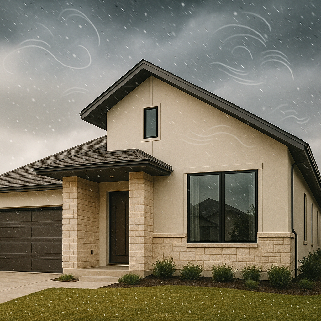 Modern Texas rental property exterior under weather elements with risk management overlays
