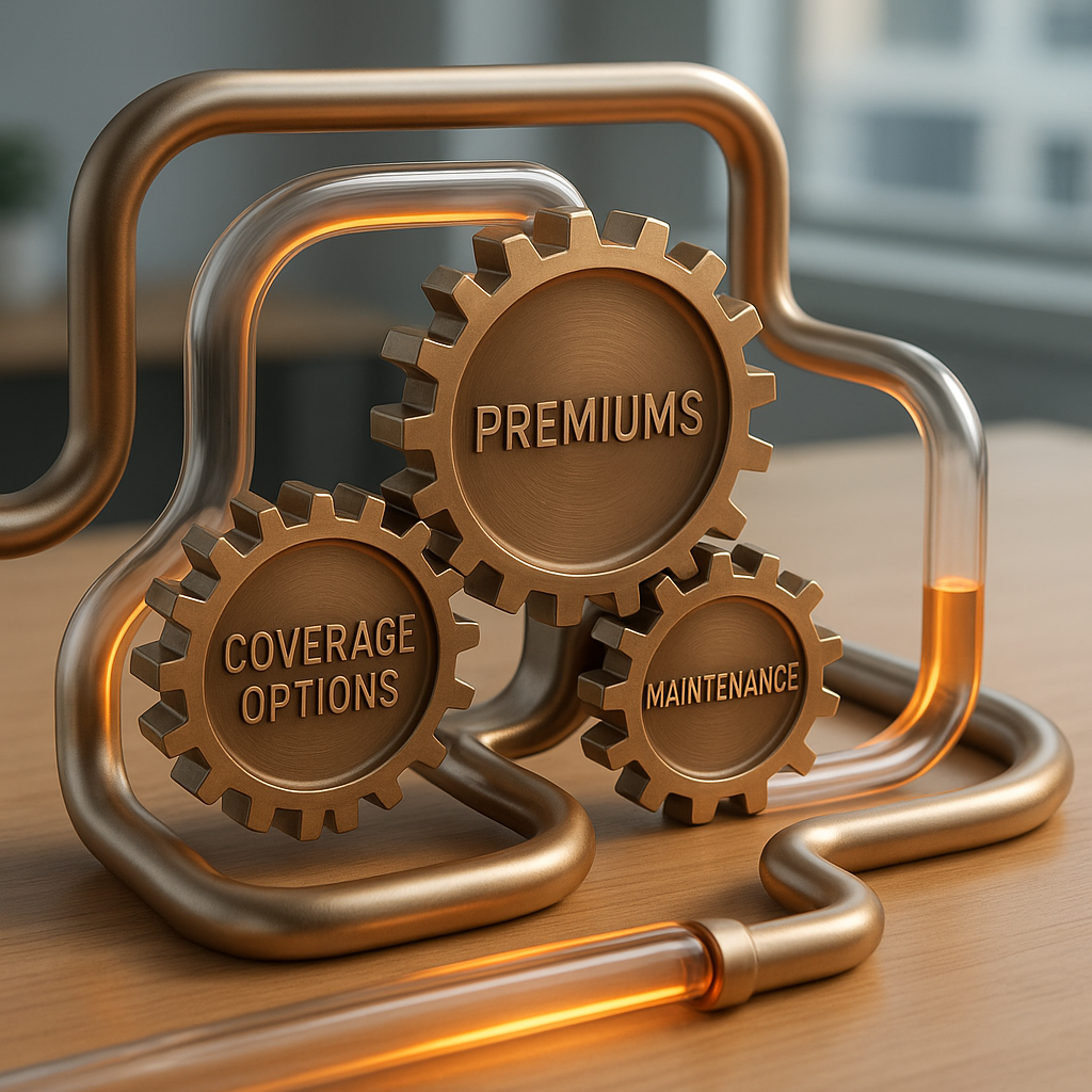 Conceptual insurance workflow visualization with gears and pipelines