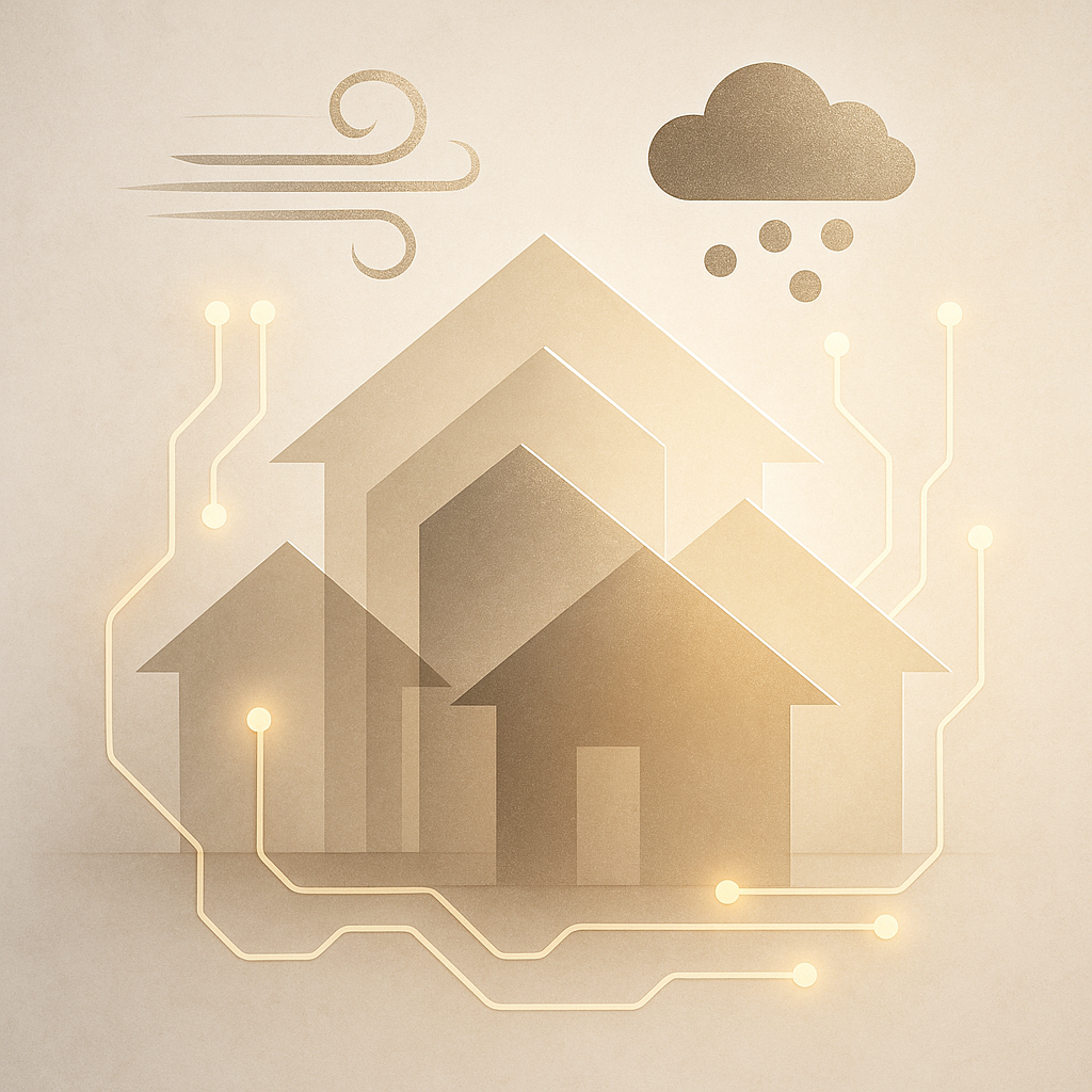 Abstract visualization of residential property lifecycle with weather elements and maintenance actions