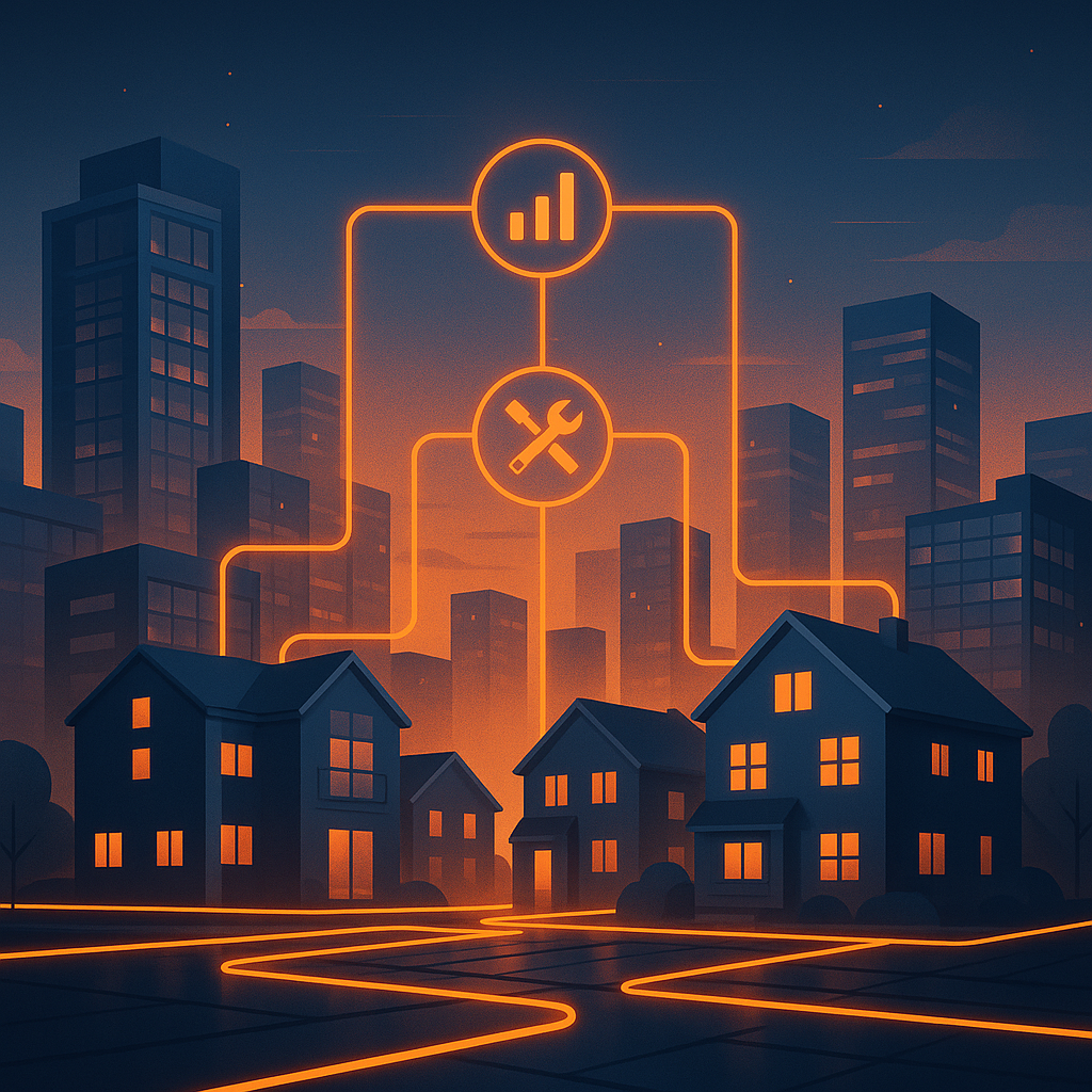 Cyber-inspired cityscape showing interconnected maintenance workflows