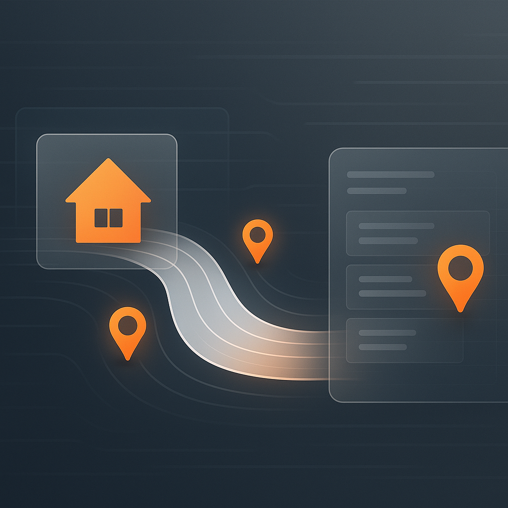 Home selection journey visual with data streams and map markers