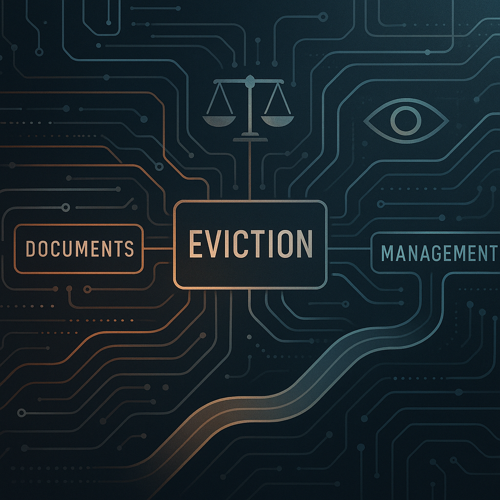 High-tech visualization of legal and logistical workflows in eviction management