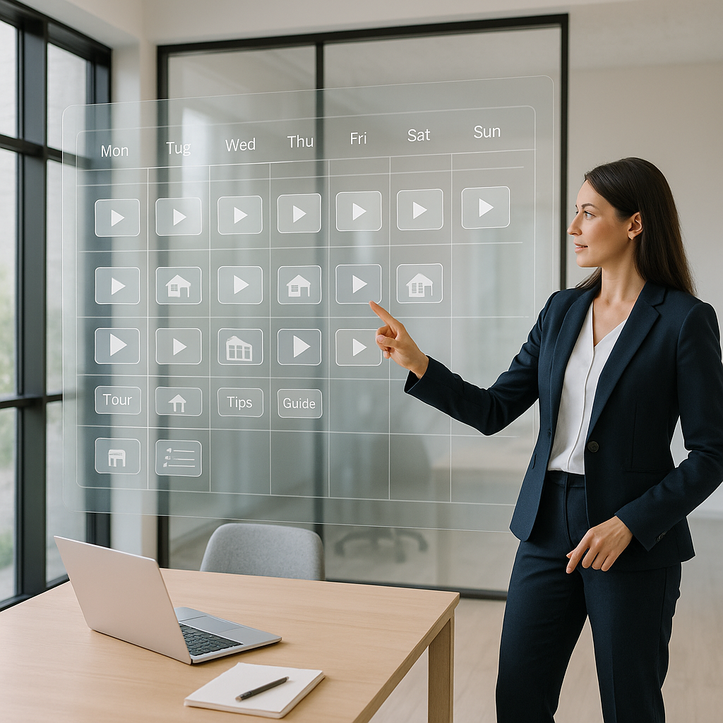 Modern office with transparent touchscreen showing content calendar