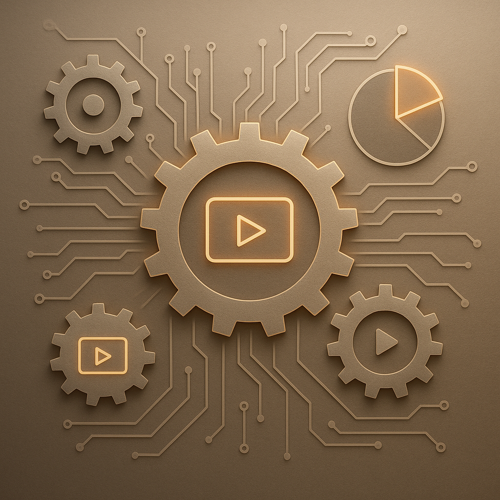 Gears and circuit pathways with video thumbnails and charts