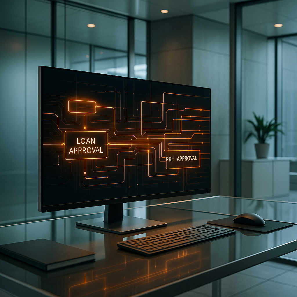 High-tech office interior showing loan approvals workflow