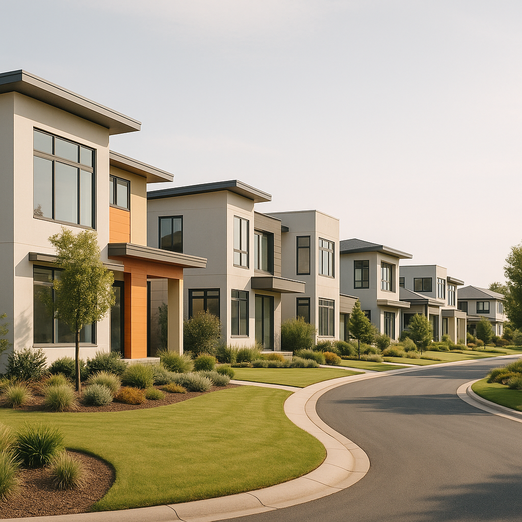 Modern suburban homes with landscaped green spaces in The Colonies