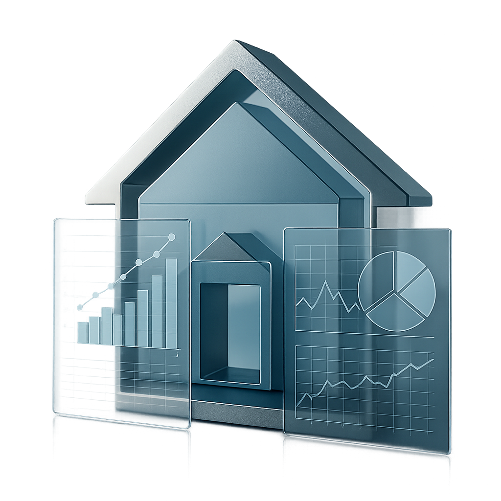 Abstract conceptual house with data charts and risk assessment
