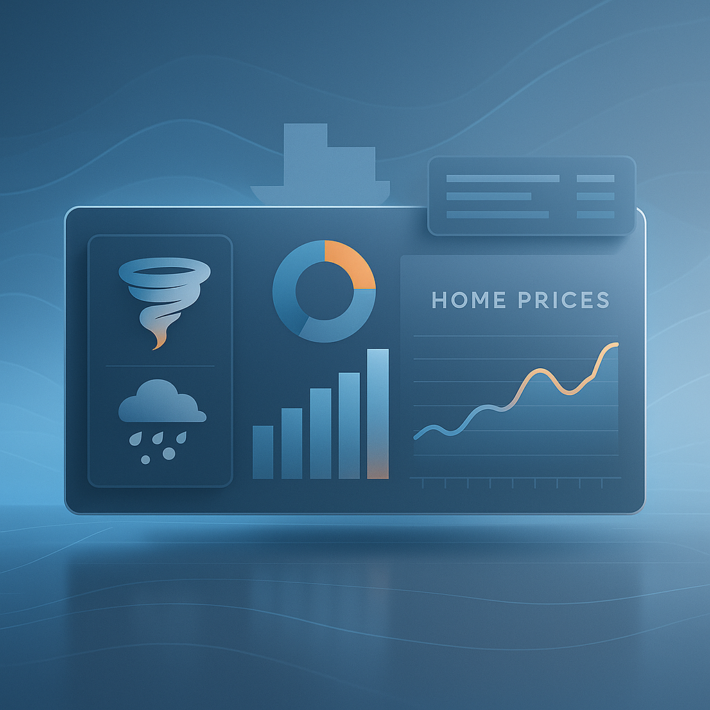 Digital dashboard showcasing Texas Panhandle housing market data with weather risk icons and home price trends in a minimalist style
