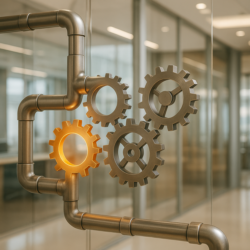 Interconnected pipelines and gears symbolizing market timing and economic cycles