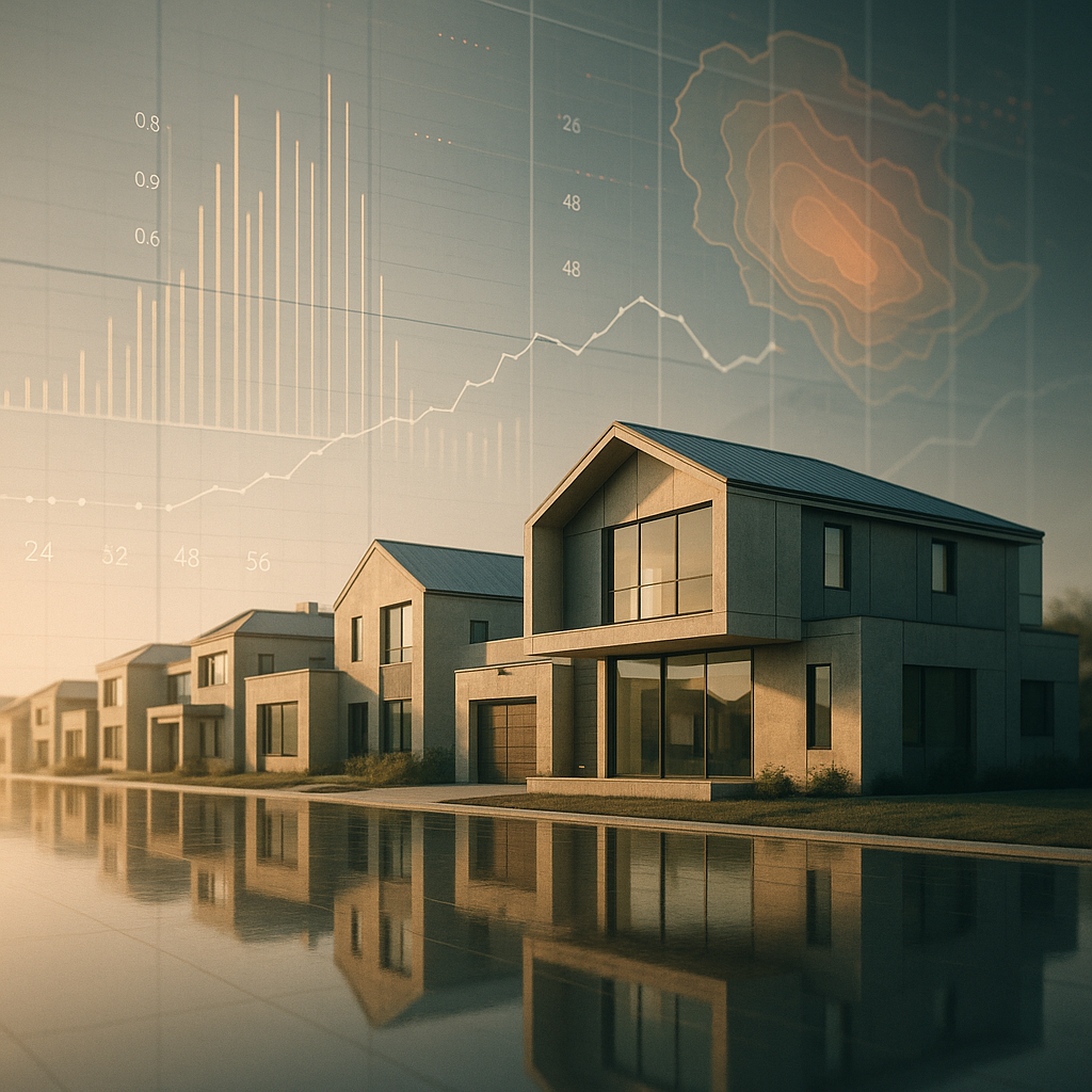 Modern Panhandle homes with overlaid data streams showing insurance and climate risks
