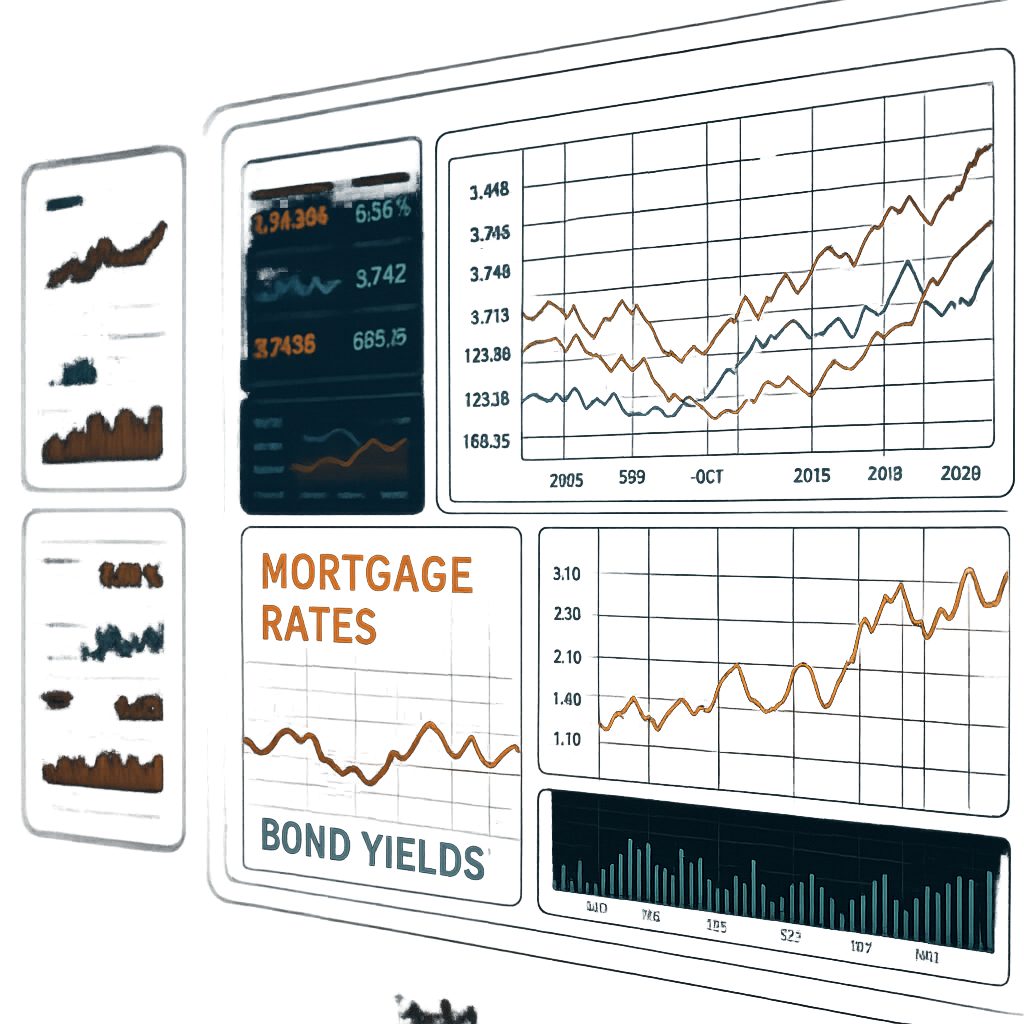 A digital dashboard with glowing graphs and data panels showing fluctuating mortgage rates and bond yields in a sleek, high-tech design