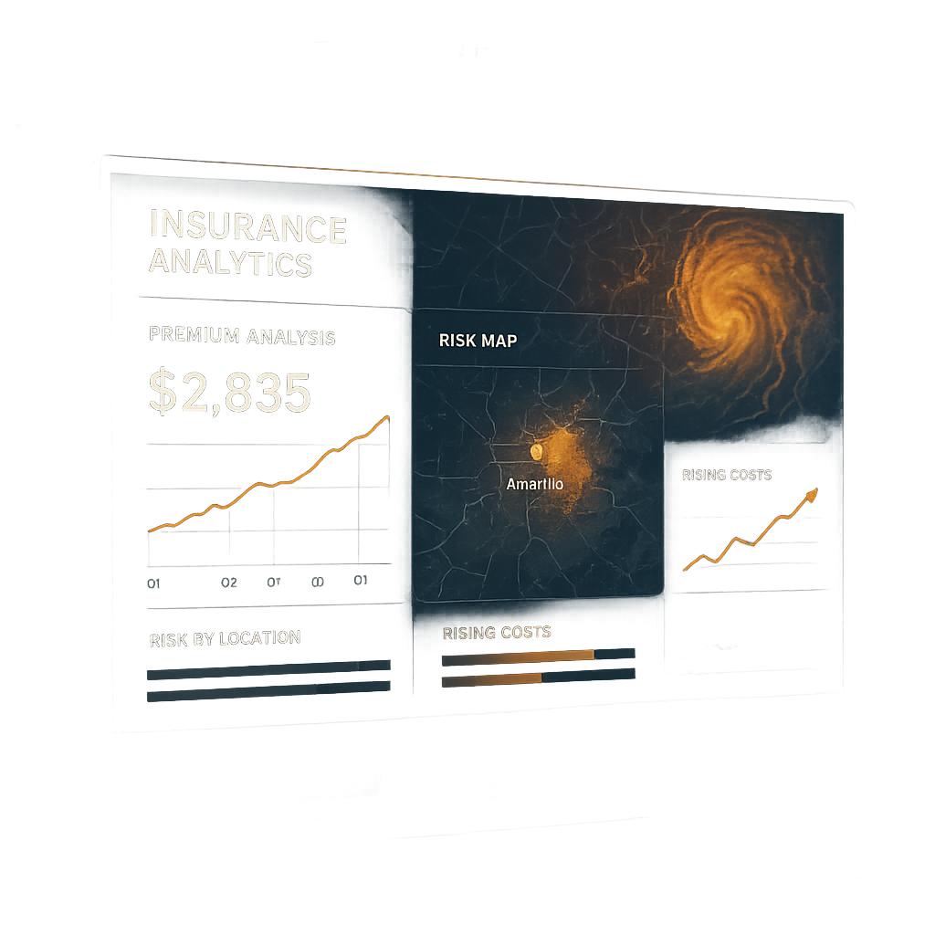 Digital dashboard showing real-time insurance premium analytics and Amarillo risk maps with storm patterns and cost graphs in a high-tech setting