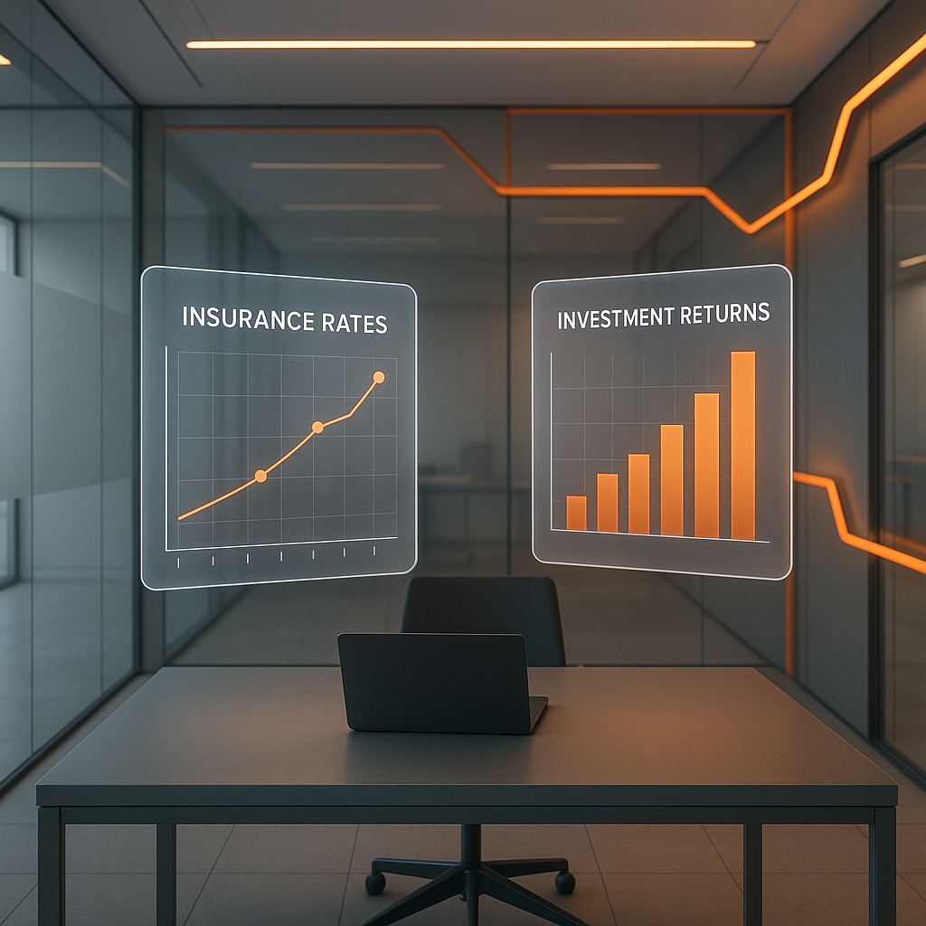 Futuristic office scene with floating charts on insurance rates and investment returns