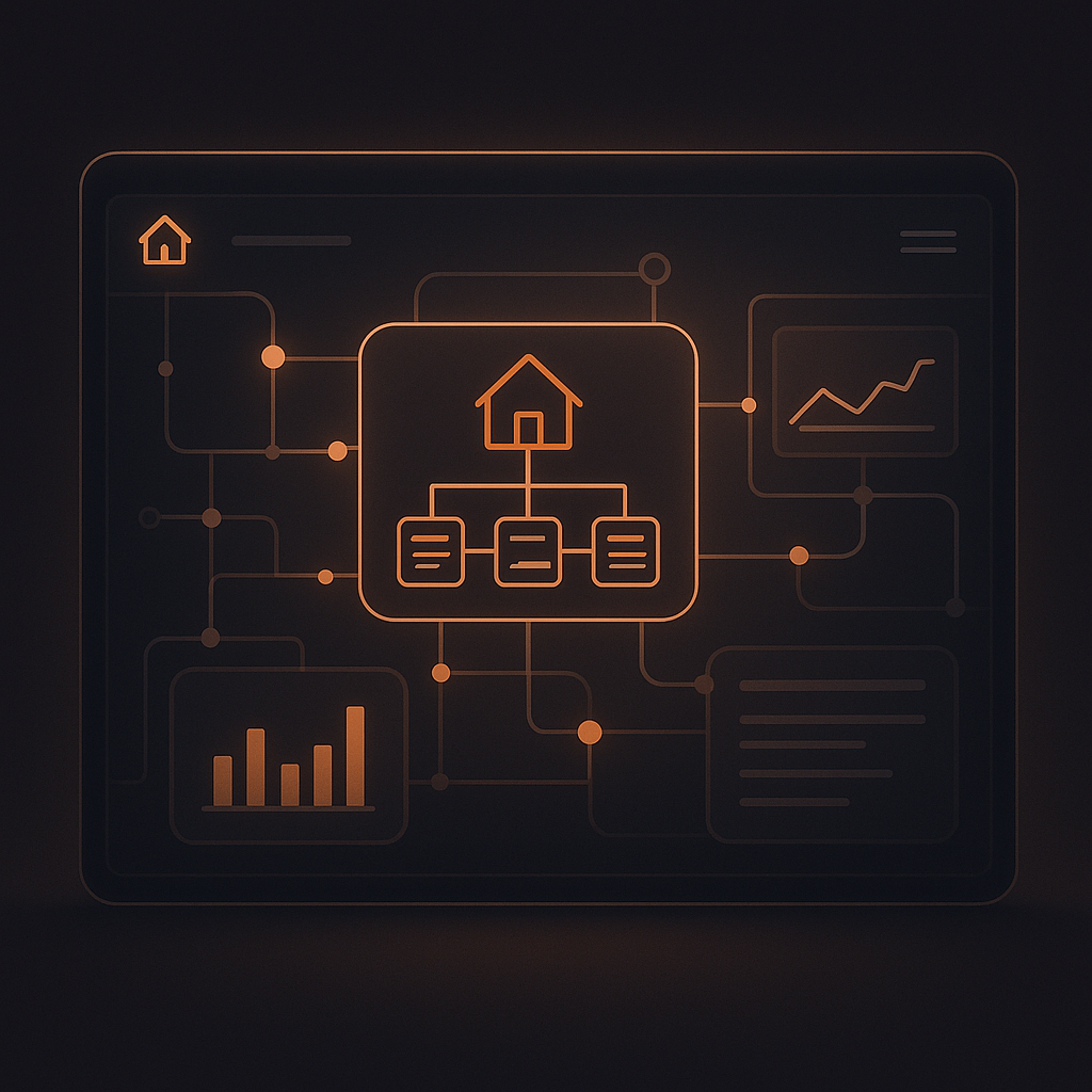 Digital dashboard showing interconnected data streams and flowcharts illustrating selling while relocating processes in real estate transactions