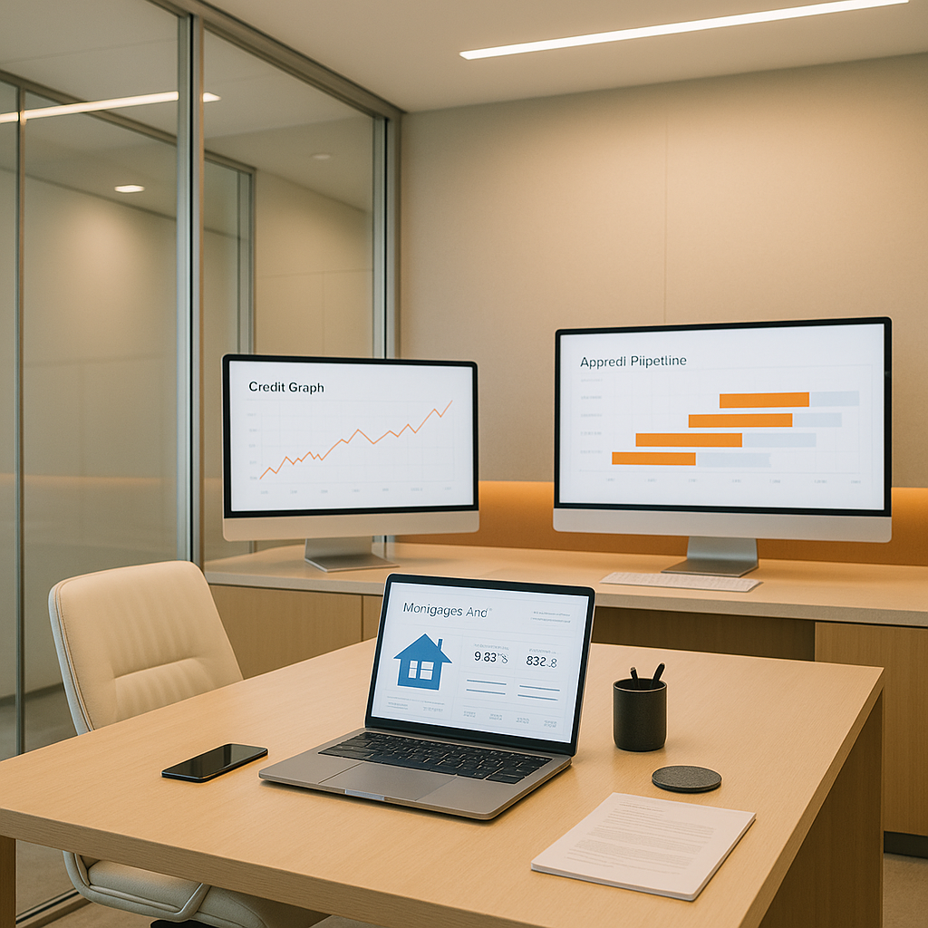 Organized mortgage underwriting workspace with digital screens