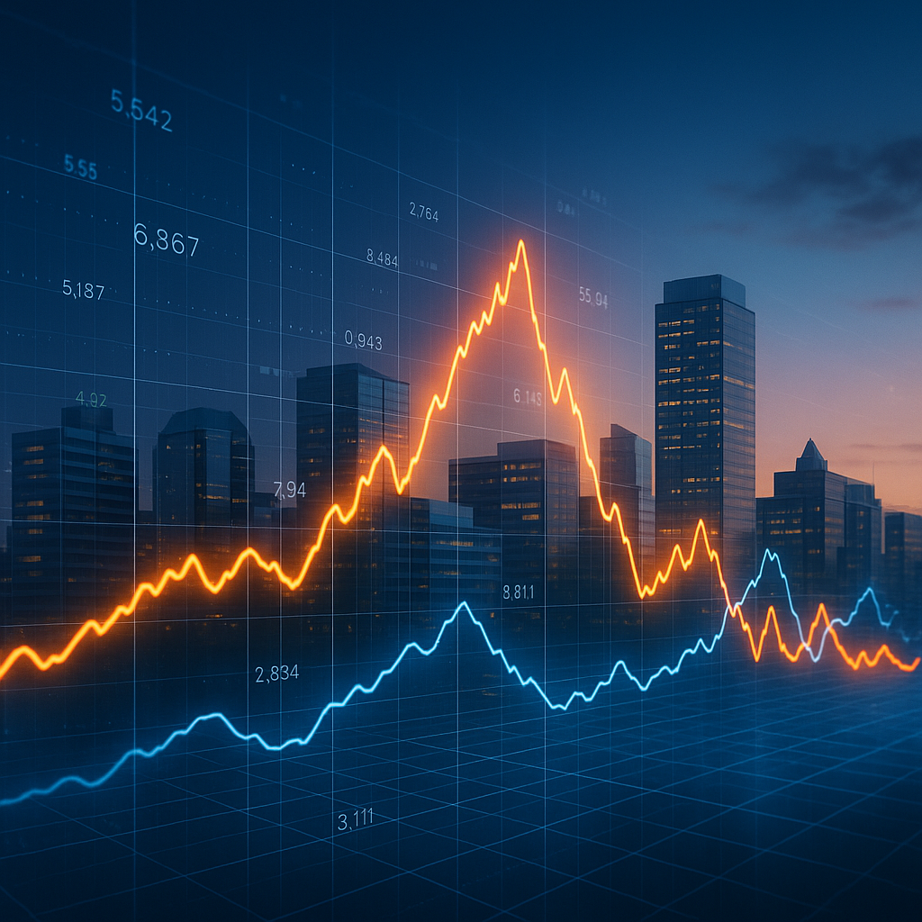 Dynamic graphs of fluctuating mortgage rates overlay Amarillo skyline at dusk, highlighting the complexity of timing mortgage decisions