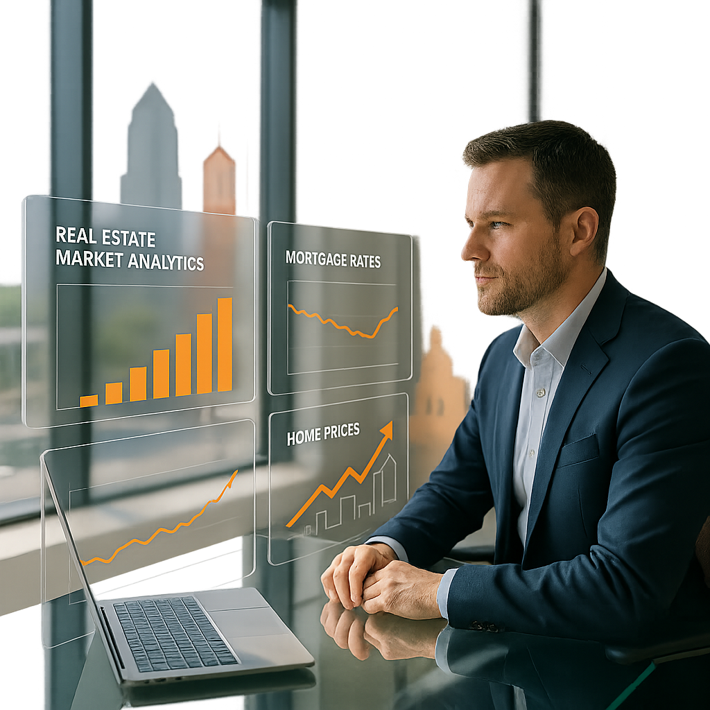 Modern office with real estate market analytics and mortgage rate charts