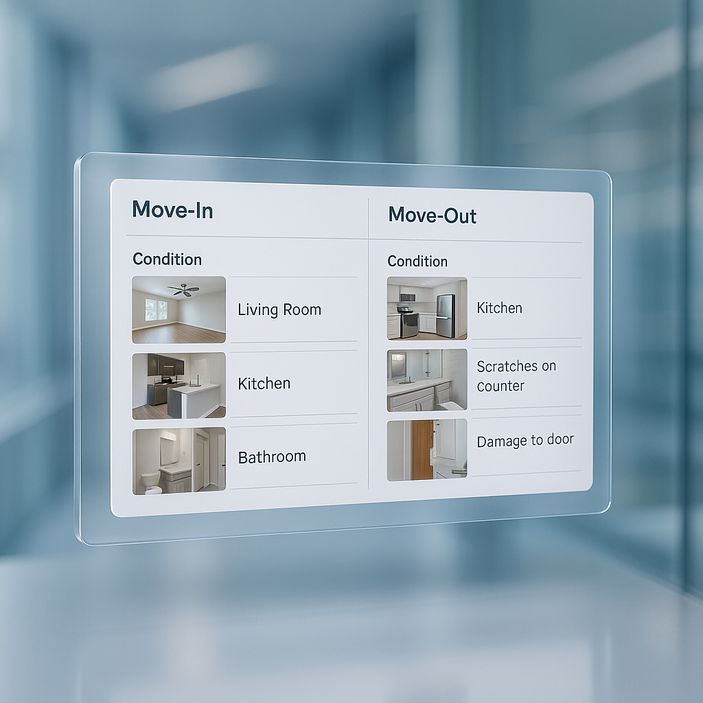 Digital dashboard showing detailed move-in and move-out condition checklists with photo thumbnails and damage reports in property management