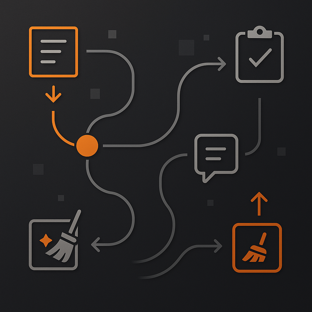 Abstract tenant journey with arrows and nodes for documentation and cleaning steps