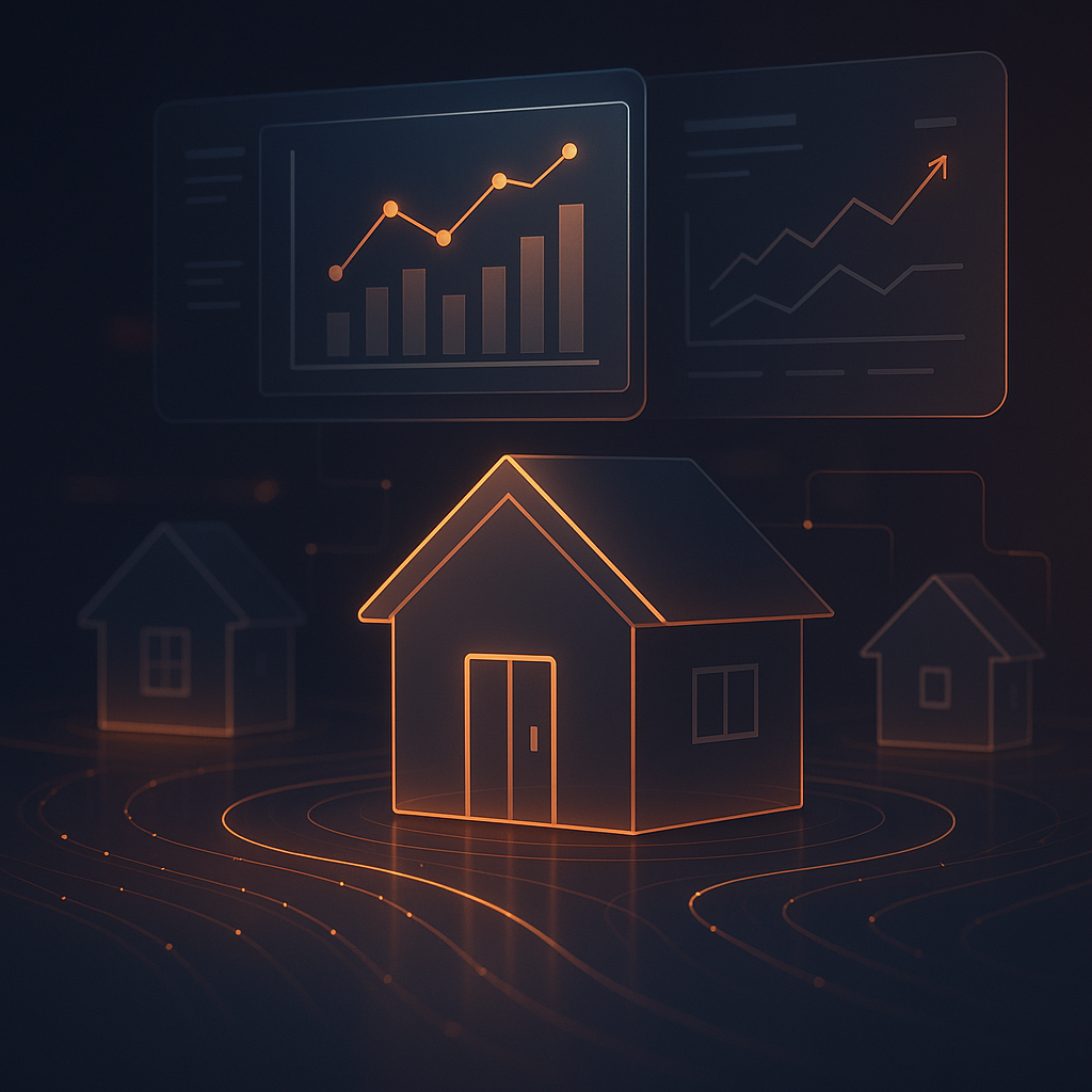 Digital visualization of a home appraisal process with glowing house icons and market charts showing data for low appraisal scenarios