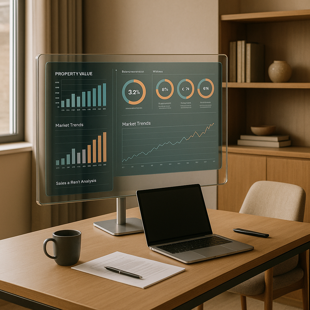 Workspace with high-tech dashboard for home buying decisions