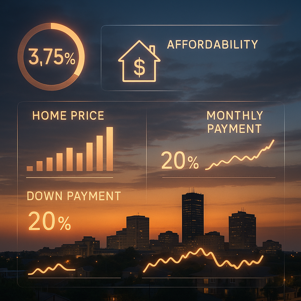 Abstract digital dashboard with financial metrics and affordability calculations over Amarillo city skyline at dusk in modern style
