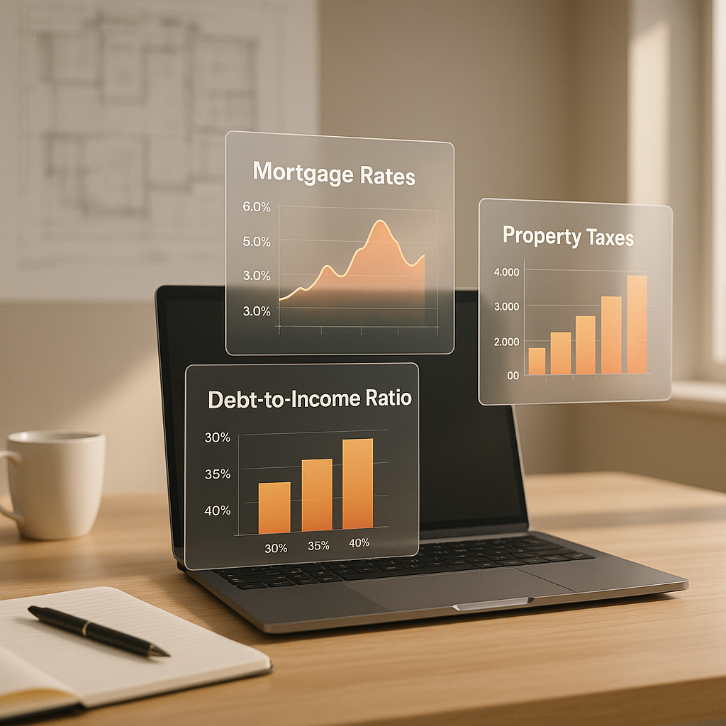 Workspace with mortgage rate graphs and debt-to-income ratios
