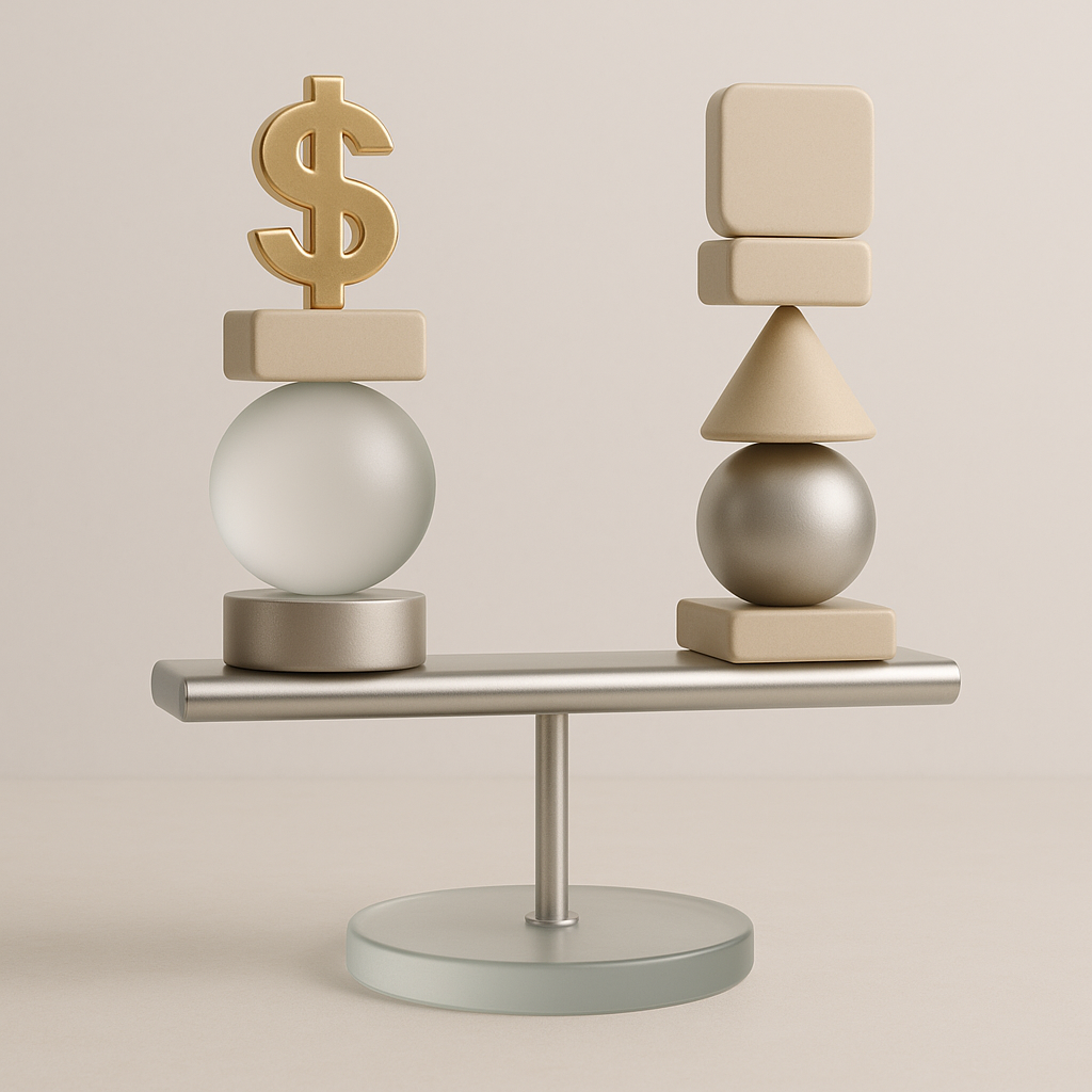 Balanced scale visualizing income, debts, taxes, and monthly expenses