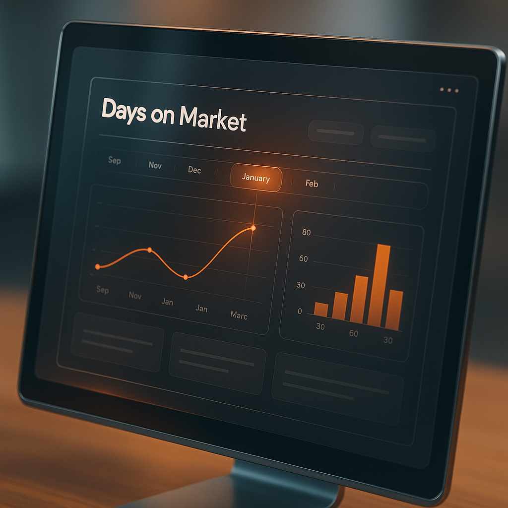 Digital dashboard screen showing 'Days on Market' timeline and charts with sleek glass and metal textures in a modern market analytics interface