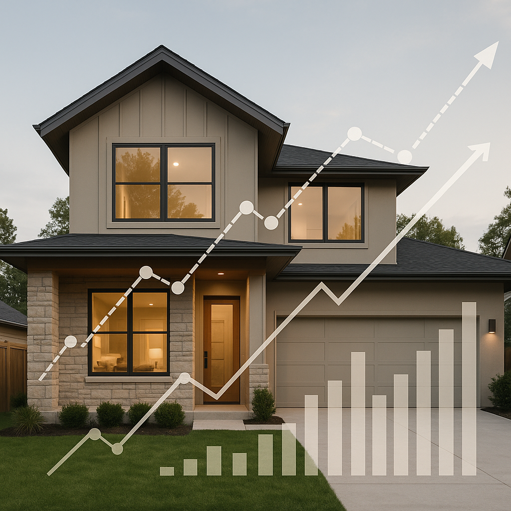Modern home exterior with market data overlays