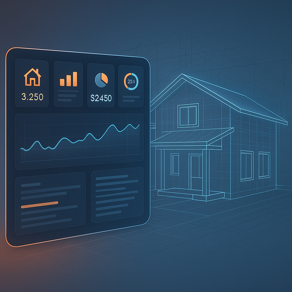 Digital dashboard interface overlaid on modern home blueprint highlighting new construction trends in the Panhandle with glowing blue and orange accents