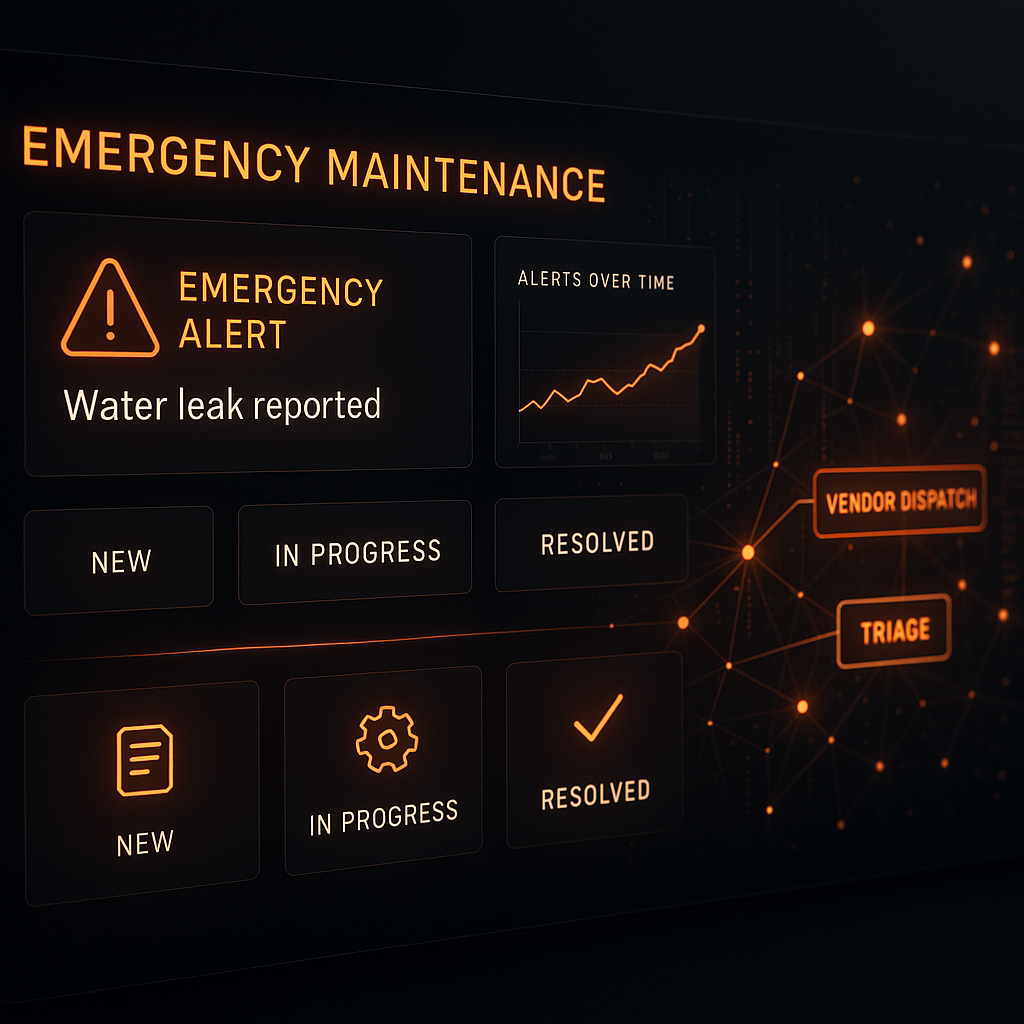 High-tech digital dashboard showing emergency maintenance alerts and workflows with glowing Blaze brand highlights and abstract data streams