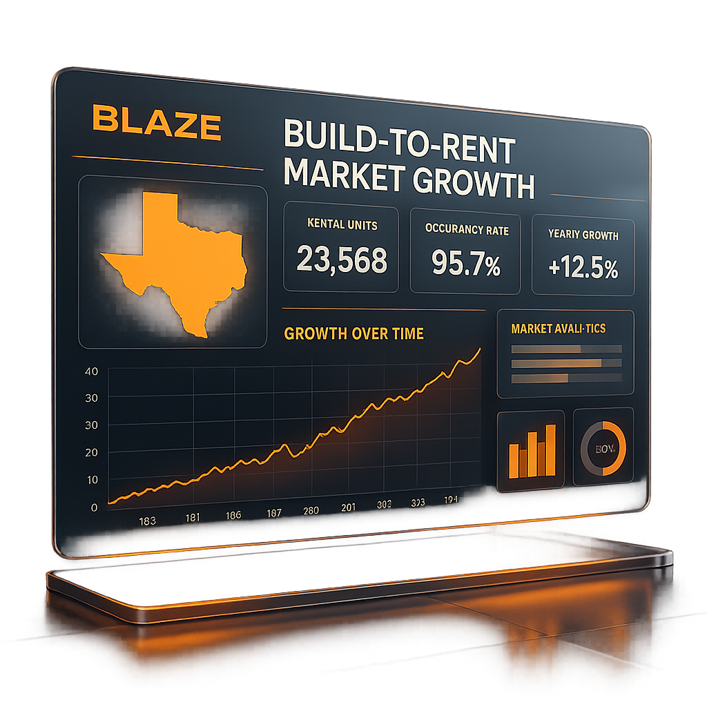 A sleek digital dashboard with real-time analytics and glowing orange Blaze highlights showing build-to-rent market growth in Texas