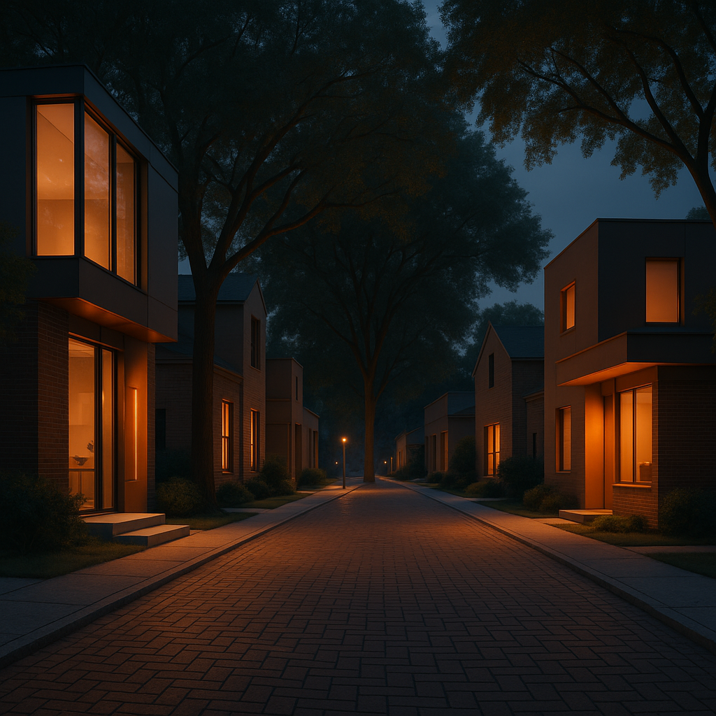Digital rendering of Wolflin neighborhood street at dusk featuring elm tree canopies and abstract brick roads with warm ambient lighting