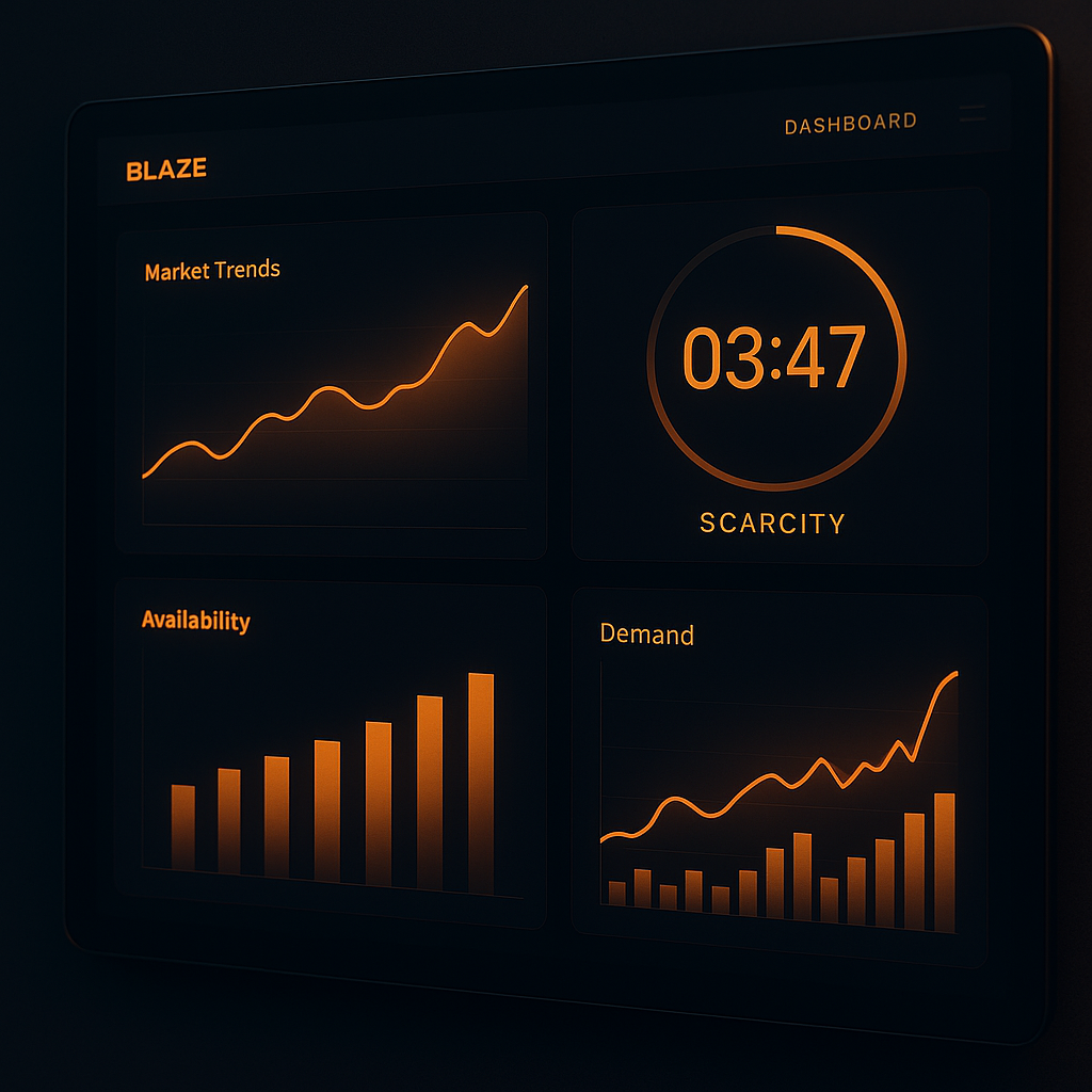 A digital dashboard featuring flowing charts and countdown timers illustrating property market scarcity with warm orange Blaze brand accents