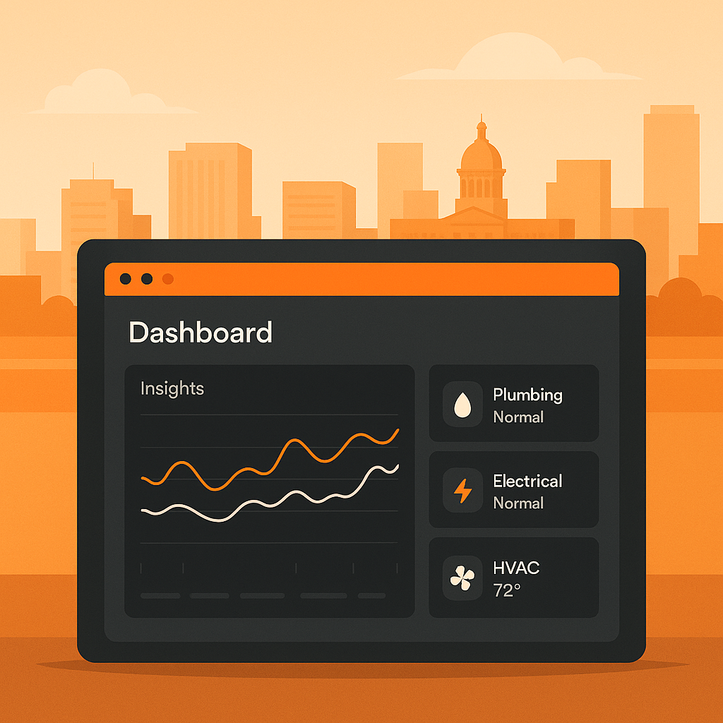 Digital dashboard showing real-time plumbing, electrical, and HVAC data with Amarillo skyline and orange Blaze accents for move-in ready homes