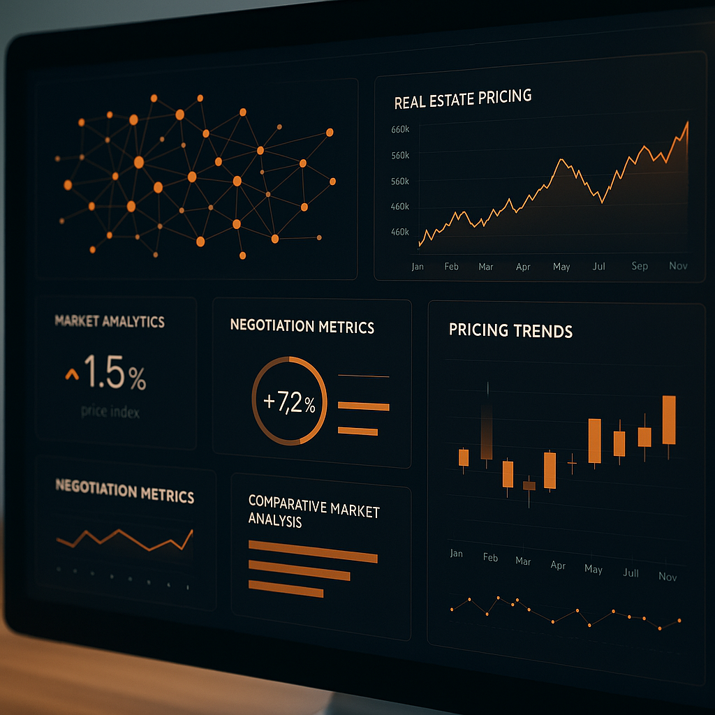 Digital dashboard showing real estate pricing and negotiation metrics with sleek design and subtle orange highlights for seller tips