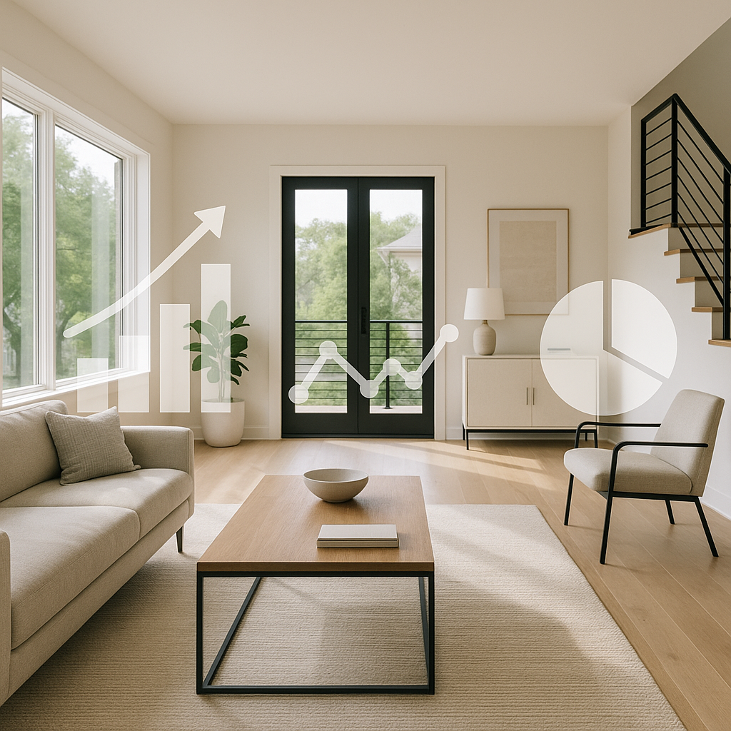 Staged modern home interior with market trend graphics overlay