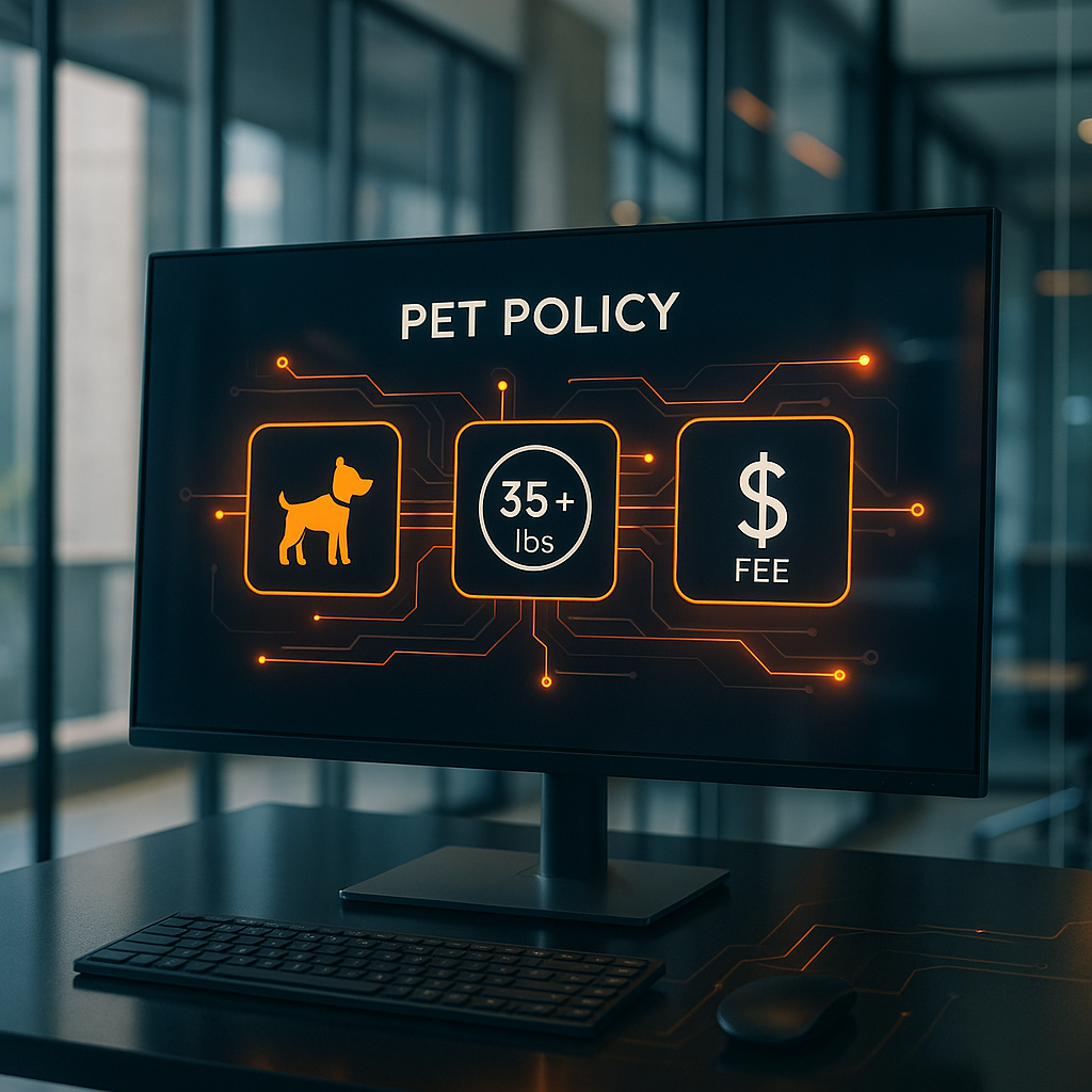 Digital dashboard showing pet policy management system with pet types, size limits, and fees in a modern office setting