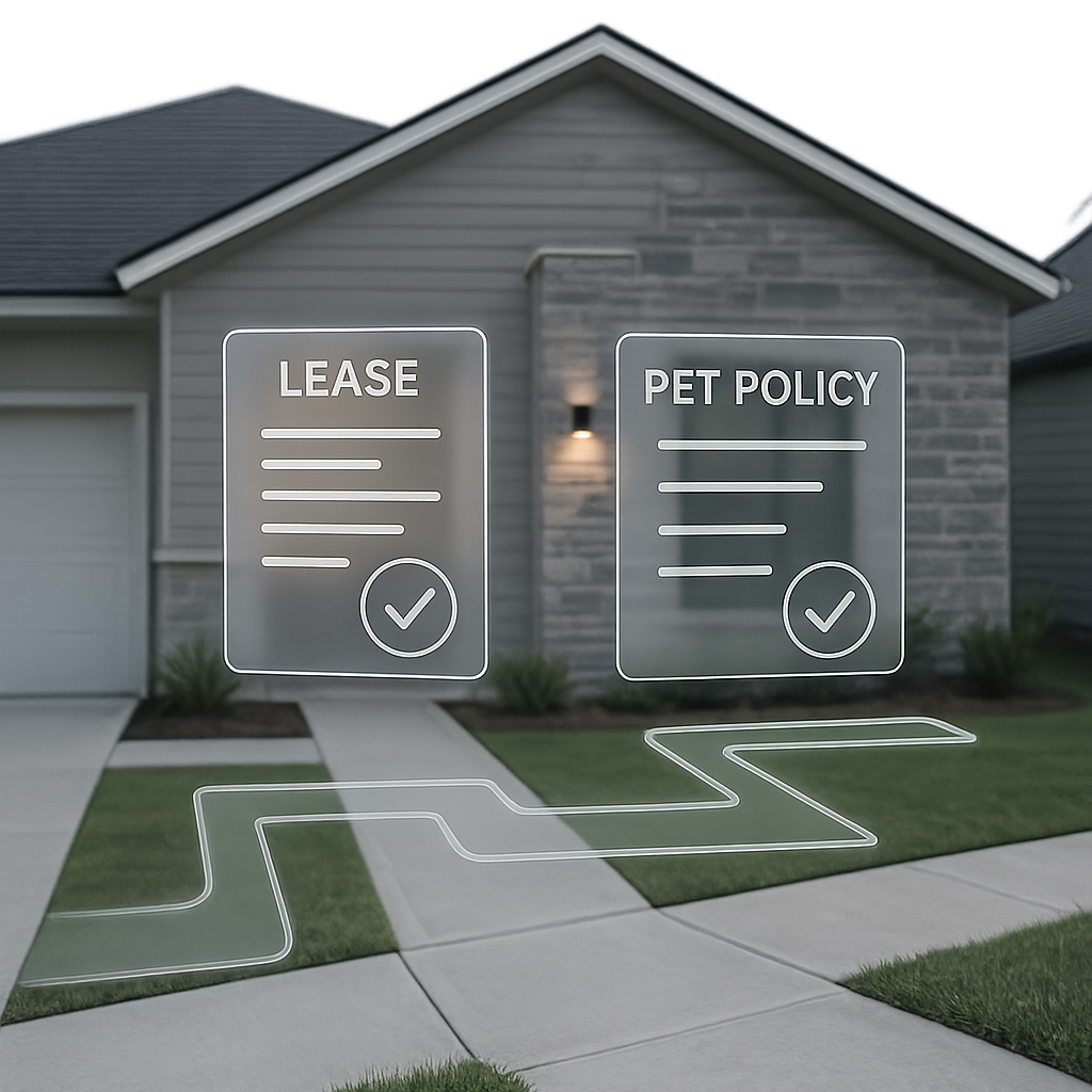 Modern rental property exterior with document overlays