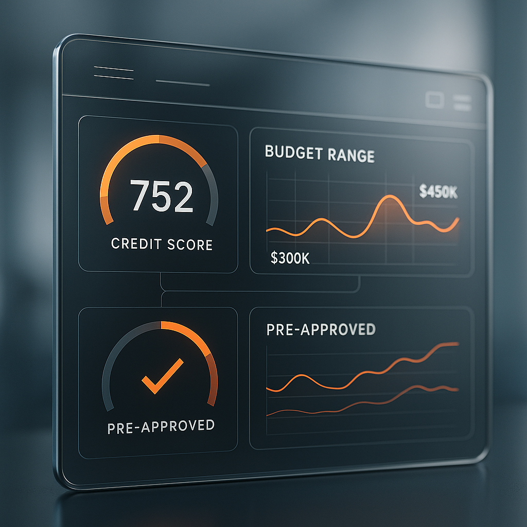 Digital dashboard showing home financing metrics like credit scores and budgets with orange highlights in a sleek Amarillo home tour interface