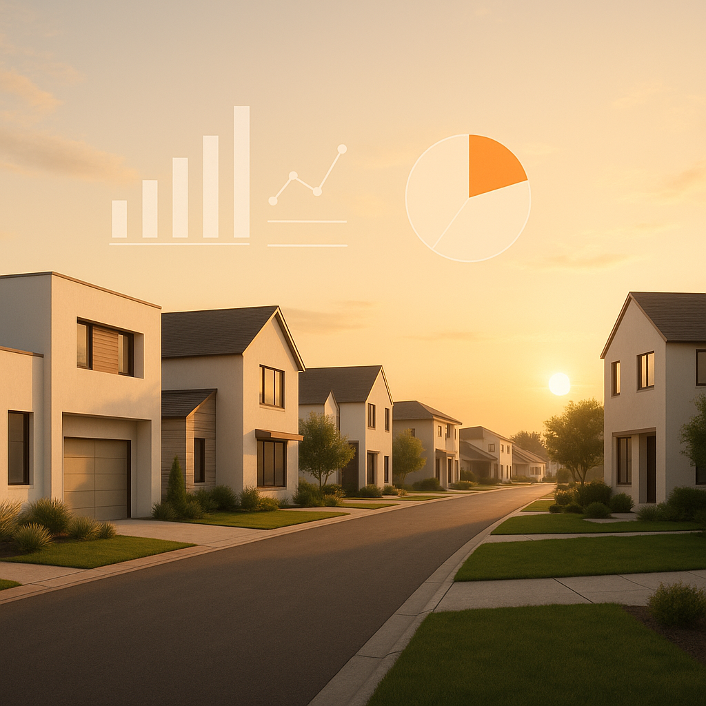 Modern Amarillo neighborhood at golden hour with market data overlay