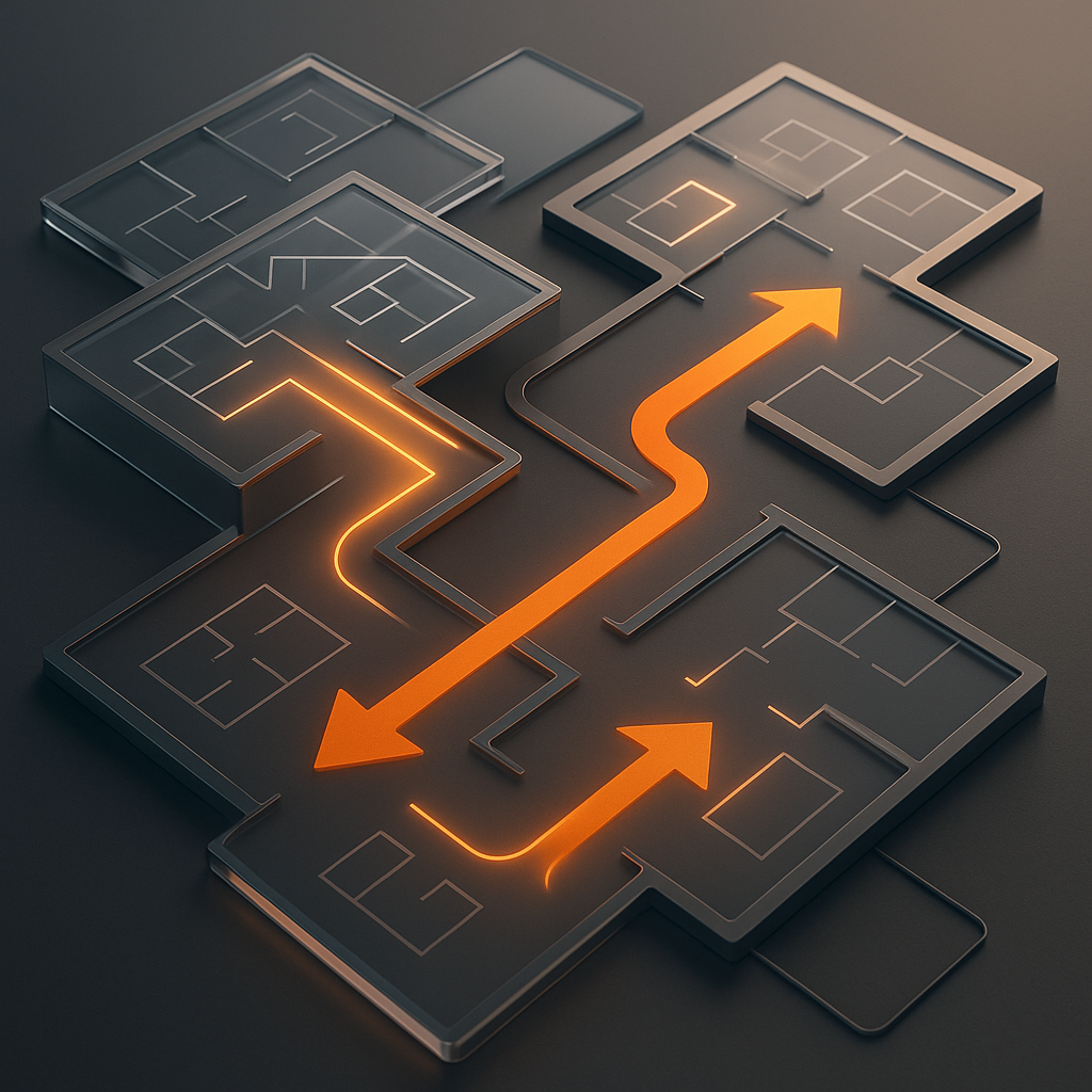 Conceptual interior with floor plans and decision-making flows