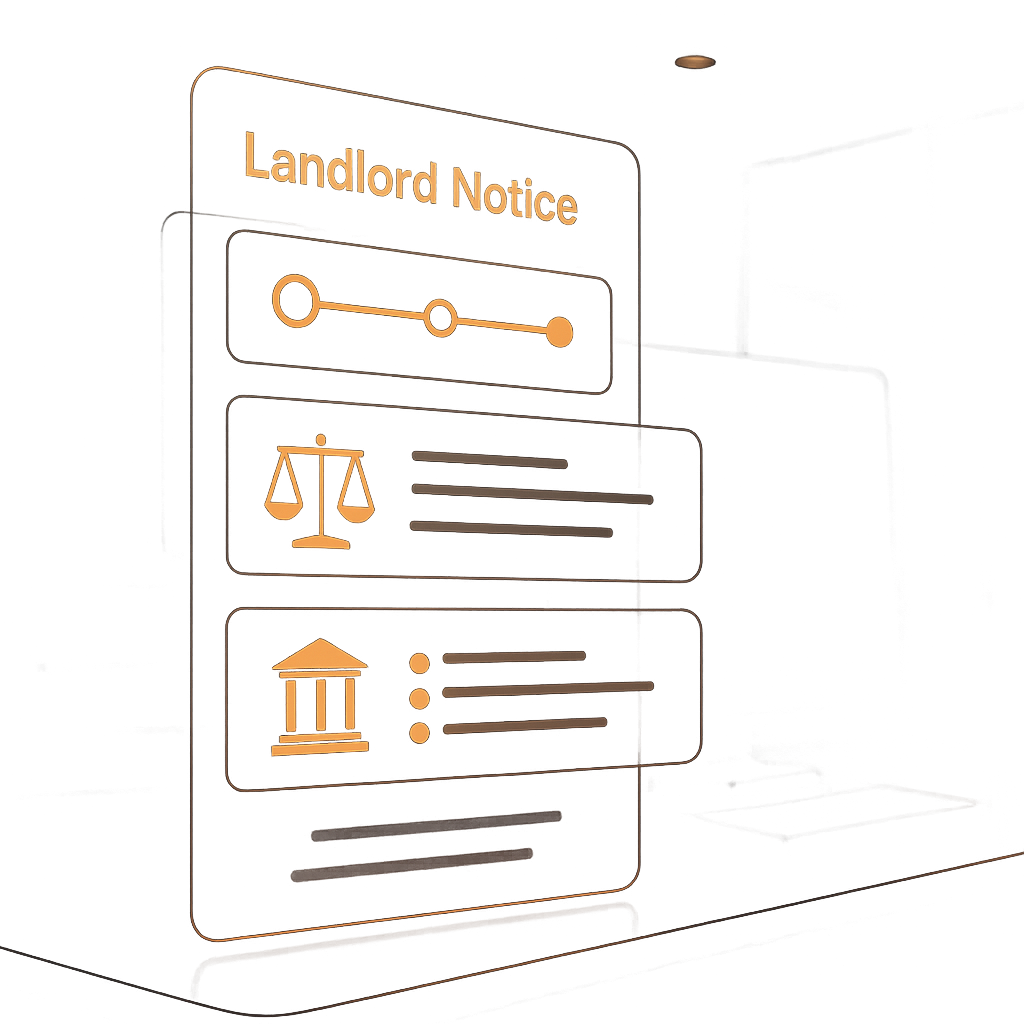 Digital interface showcasing a landlord notice management system with orange highlights and timelines in a futuristic virtual office space